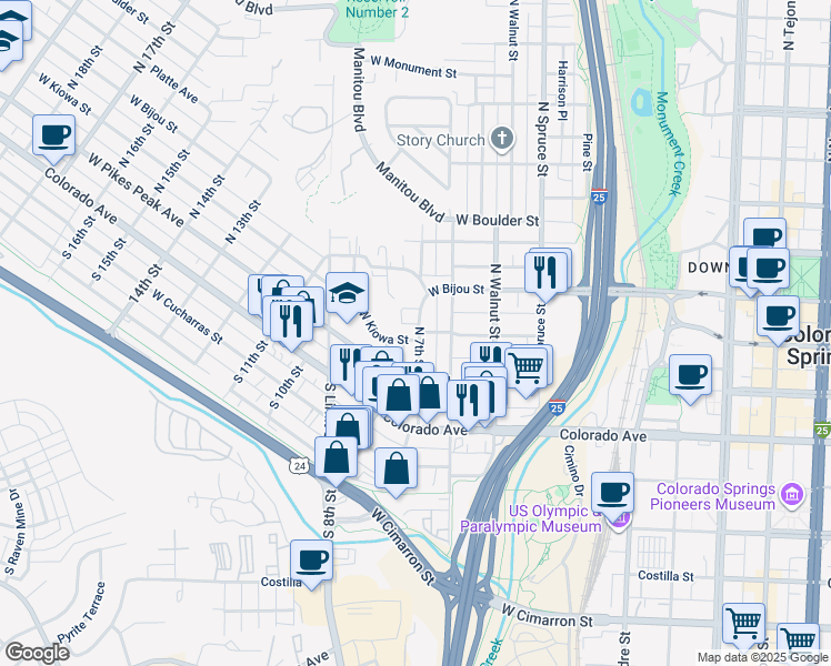 map of restaurants, bars, coffee shops, grocery stores, and more near 11 North 8th Street in Colorado Springs