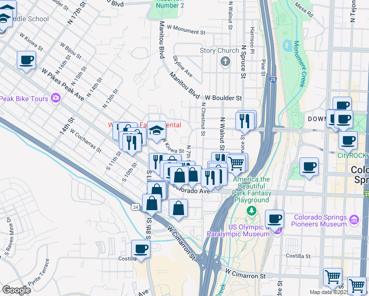map of restaurants, bars, coffee shops, grocery stores, and more near 11 North 8th Street in Colorado Springs