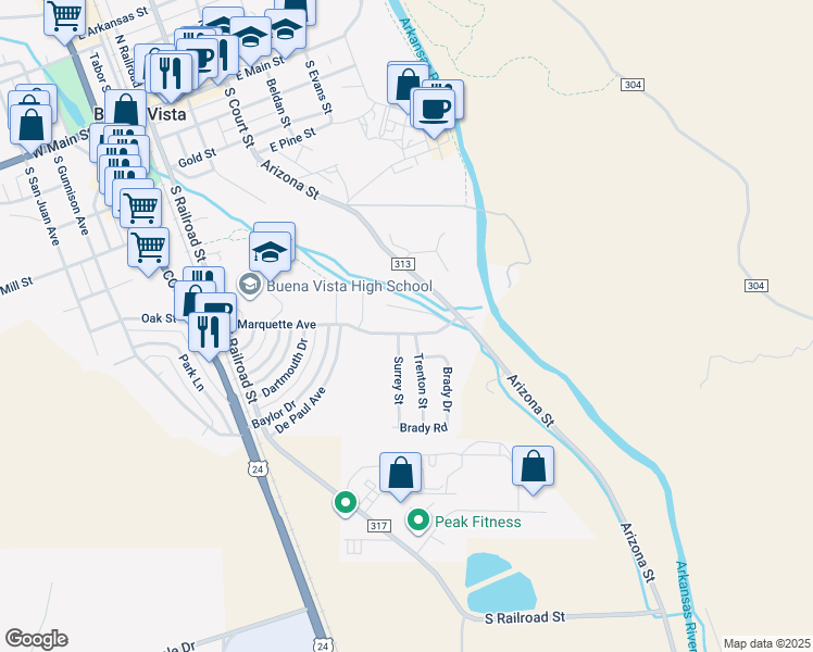 map of restaurants, bars, coffee shops, grocery stores, and more near 104 Trenton Street in Buena Vista
