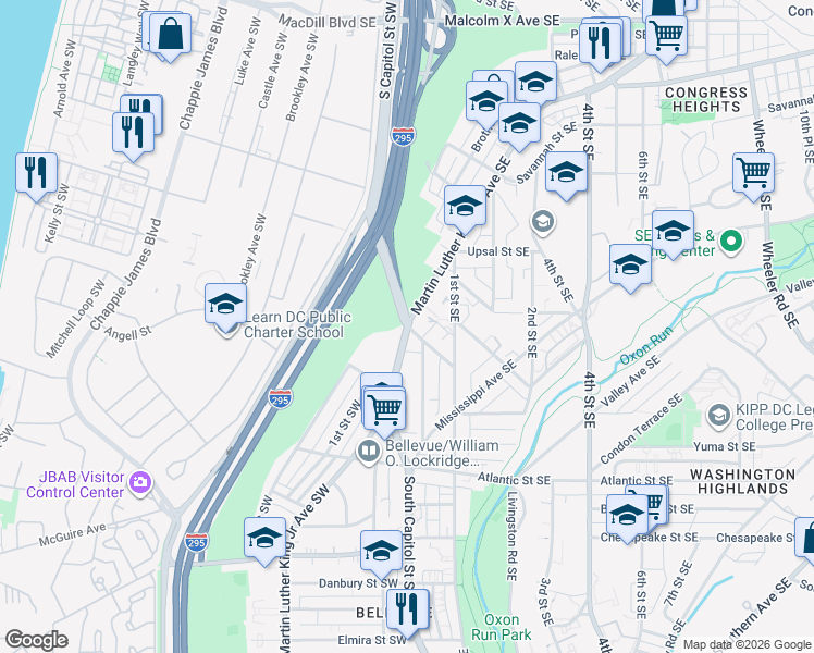 map of restaurants, bars, coffee shops, grocery stores, and more near South Capitol St SE & Halley Pl SE in Washington