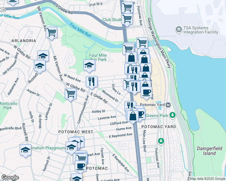 map of restaurants, bars, coffee shops, grocery stores, and more near 205 Evans Lane in Alexandria