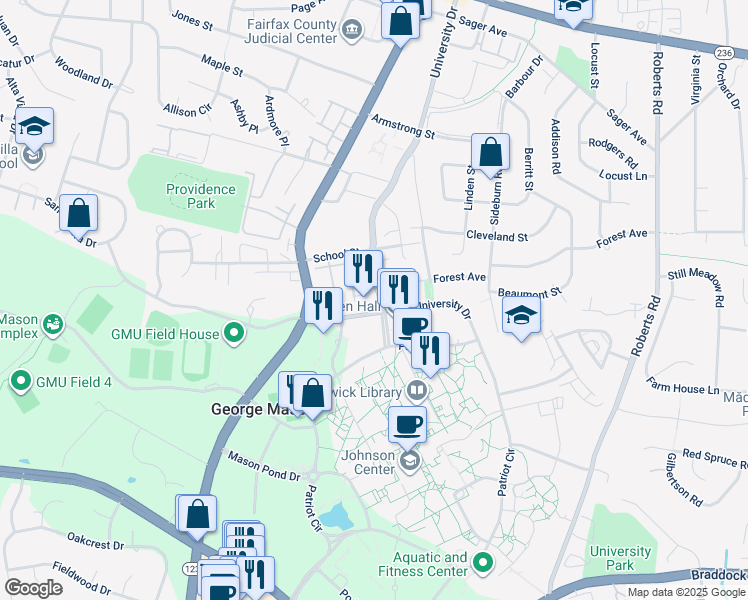 map of restaurants, bars, coffee shops, grocery stores, and more near 4430 George Mason Boulevard in Fairfax