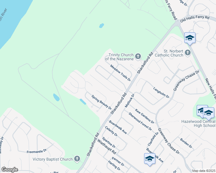 map of restaurants, bars, coffee shops, grocery stores, and more near 1829 Charleston Estates Drive in Florissant