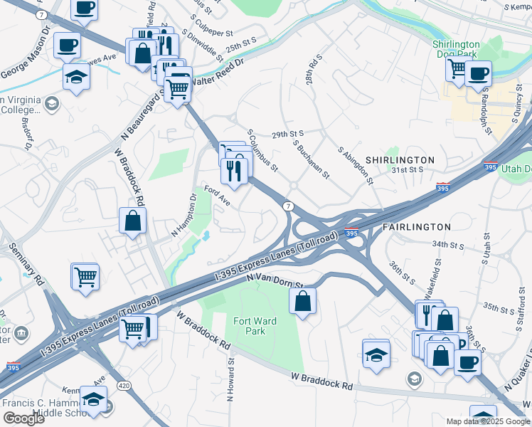 map of restaurants, bars, coffee shops, grocery stores, and more near 3309 Wyndham Circle in Alexandria