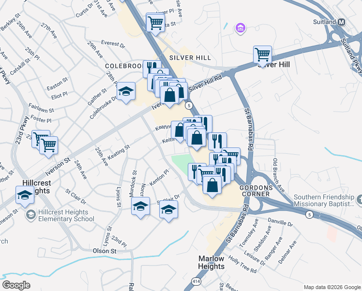 map of restaurants, bars, coffee shops, grocery stores, and more near 2900 Saint Clair Drive in Temple Hills