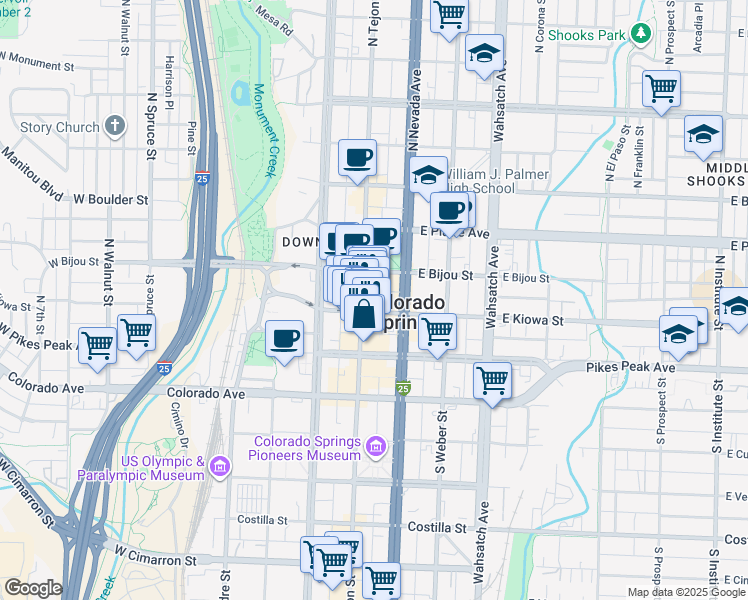 map of restaurants, bars, coffee shops, grocery stores, and more near 101 North Tejon Street in Colorado Springs