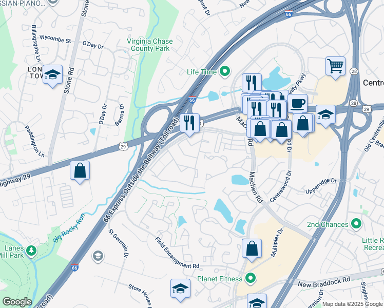 map of restaurants, bars, coffee shops, grocery stores, and more near 14418 Turin Lane in Centreville