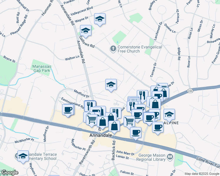 map of restaurants, bars, coffee shops, grocery stores, and more near 4022 Thornton Court in Annandale