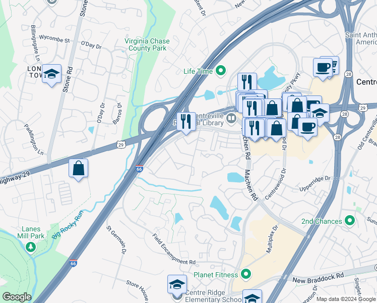 map of restaurants, bars, coffee shops, grocery stores, and more near 14426 Turin Lane in Centreville
