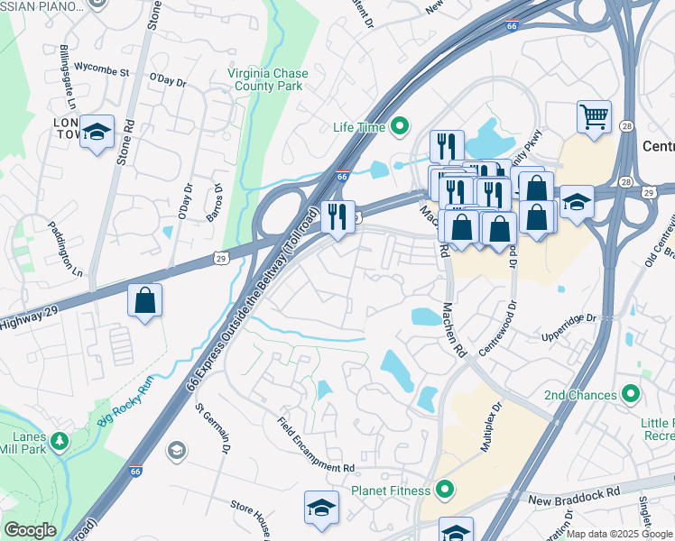 map of restaurants, bars, coffee shops, grocery stores, and more near 14426 Turin Lane in Centreville