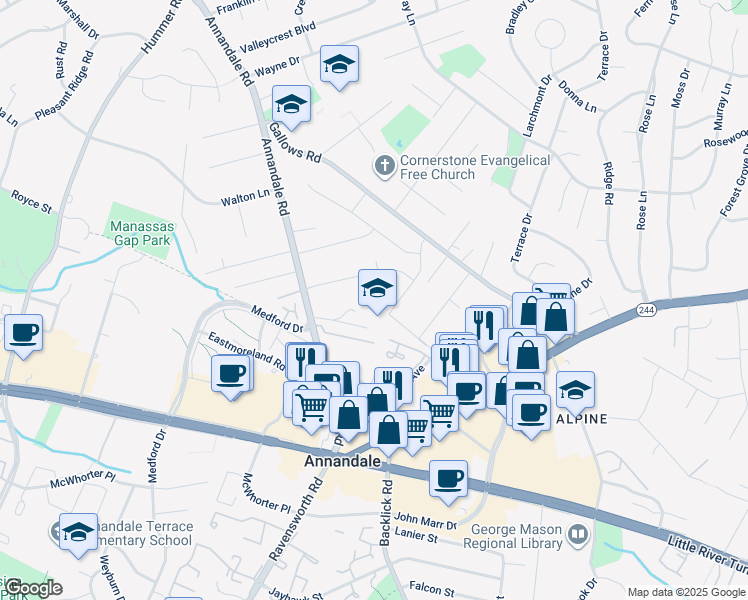 map of restaurants, bars, coffee shops, grocery stores, and more near 4022 Thornton Court in Annandale
