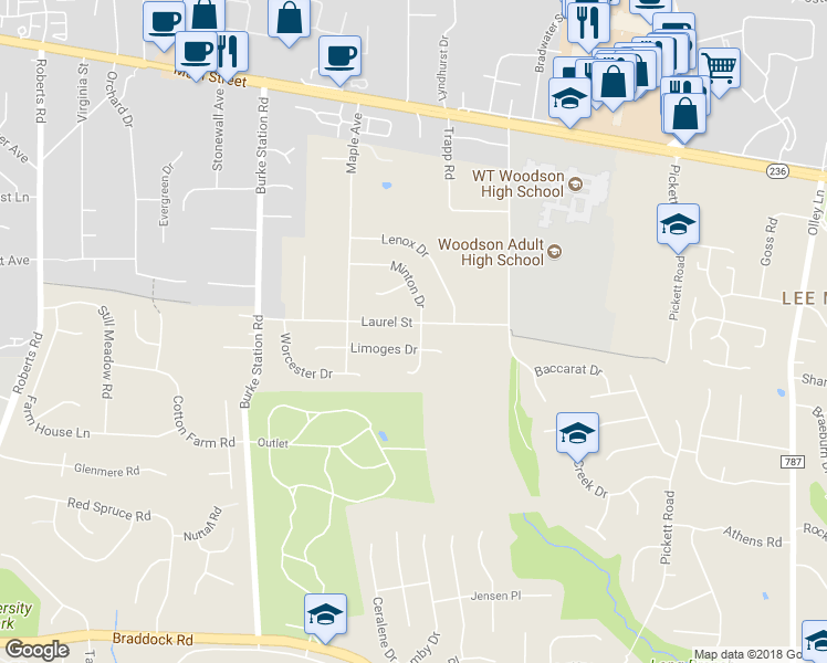 map of restaurants, bars, coffee shops, grocery stores, and more near 9801 Laurel Street in Fairfax