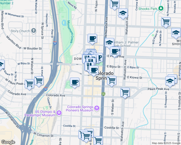map of restaurants, bars, coffee shops, grocery stores, and more near 7 East Bijou Street in Colorado Springs