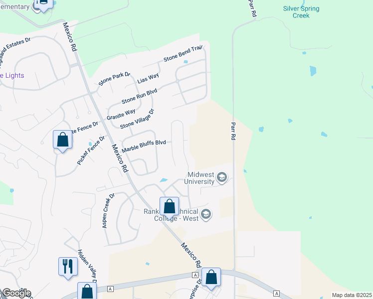 map of restaurants, bars, coffee shops, grocery stores, and more near 420 Honeysuckle Creek Drive in Wentzville