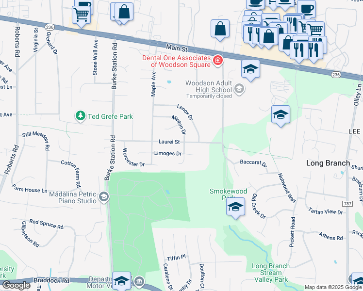 map of restaurants, bars, coffee shops, grocery stores, and more near 9801 Laurel Street in Fairfax