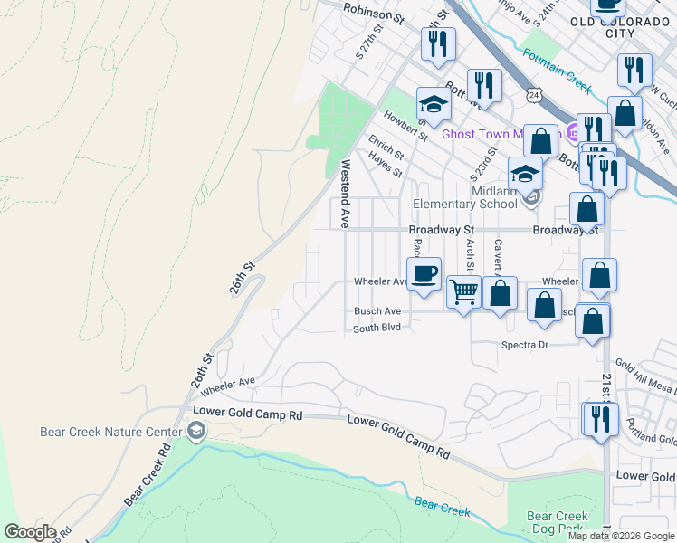 map of restaurants, bars, coffee shops, grocery stores, and more near 1318 Westend Avenue in Colorado Springs