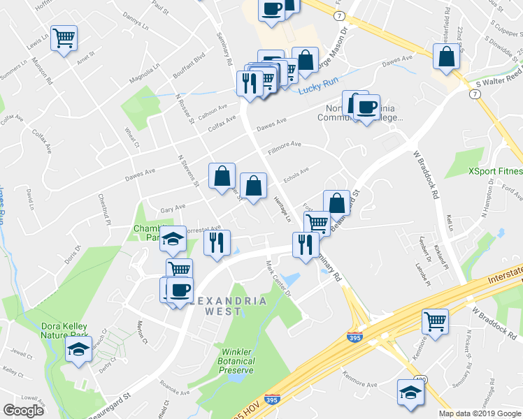 map of restaurants, bars, coffee shops, grocery stores, and more near 5140 Woodmire Lane in Alexandria