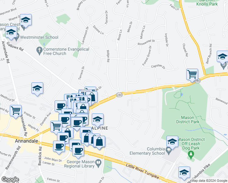 map of restaurants, bars, coffee shops, grocery stores, and more near 4016 Ridge Road in Annandale