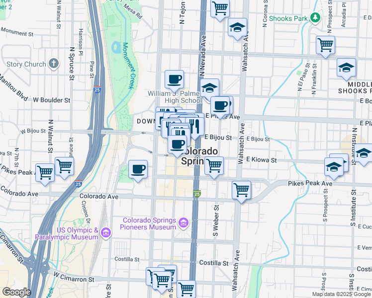 map of restaurants, bars, coffee shops, grocery stores, and more near 131 North Tejon Street in Colorado Springs