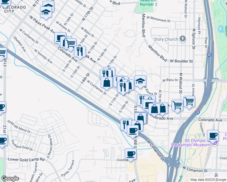 map of restaurants, bars, coffee shops, grocery stores, and more near 1130 Colorado Avenue in Colorado Springs