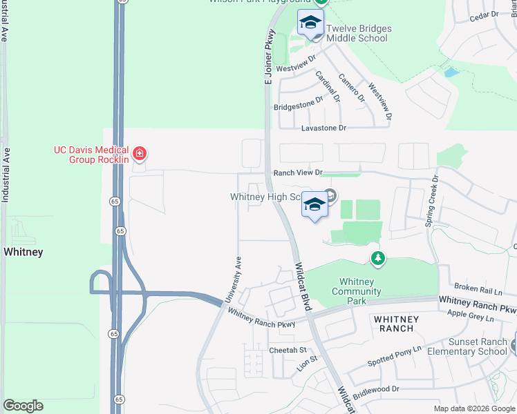 map of restaurants, bars, coffee shops, grocery stores, and more near 711 University Avenue in Rocklin