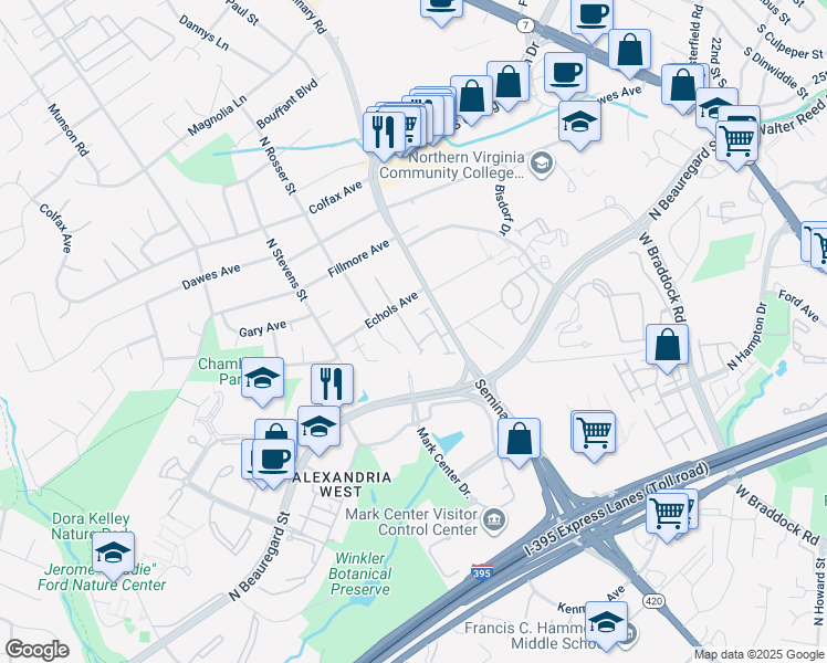 map of restaurants, bars, coffee shops, grocery stores, and more near 5135 Woodmire Lane in Alexandria