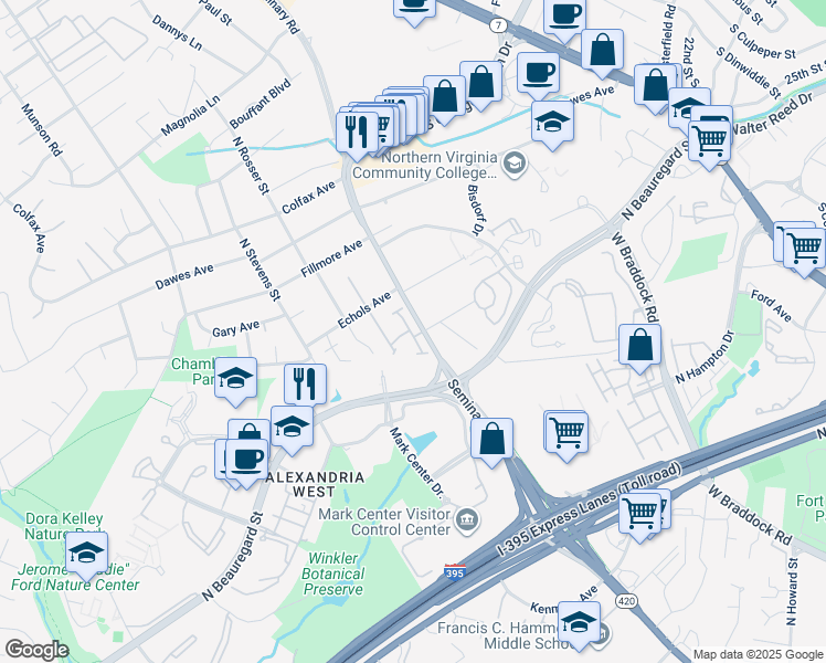 map of restaurants, bars, coffee shops, grocery stores, and more near 5119 Heritage Lane in Alexandria
