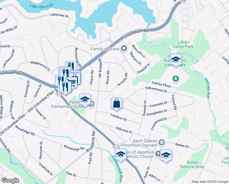 map of restaurants, bars, coffee shops, grocery stores, and more near 4017 Arcadia Road in Alexandria