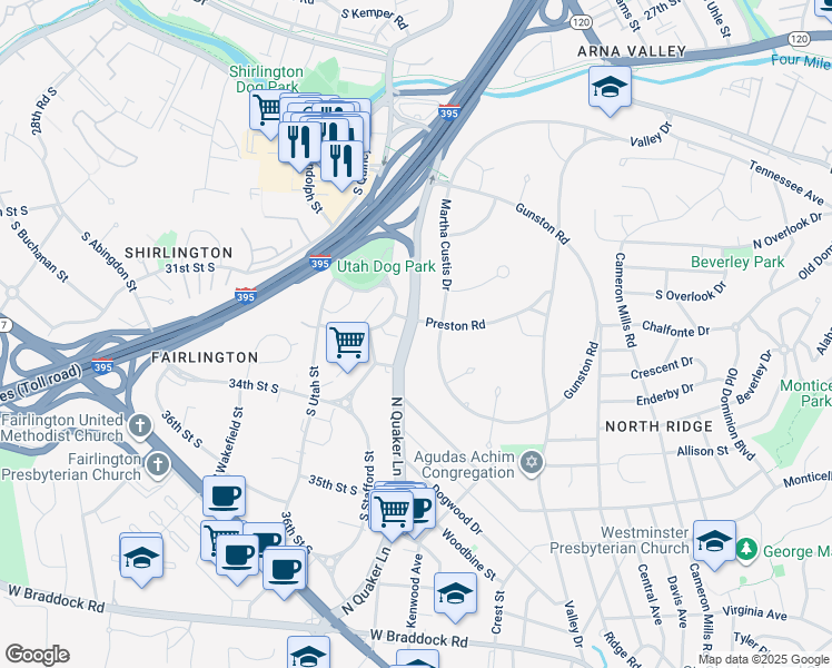 map of restaurants, bars, coffee shops, grocery stores, and more near 1933 North Quaker Lane in Alexandria