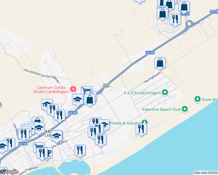map of restaurants, bars, coffee shops, grocery stores, and more near 214b Viale Crotone in Catanzaro