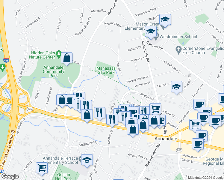 map of restaurants, bars, coffee shops, grocery stores, and more near 4108 Wadsworth Court in Annandale