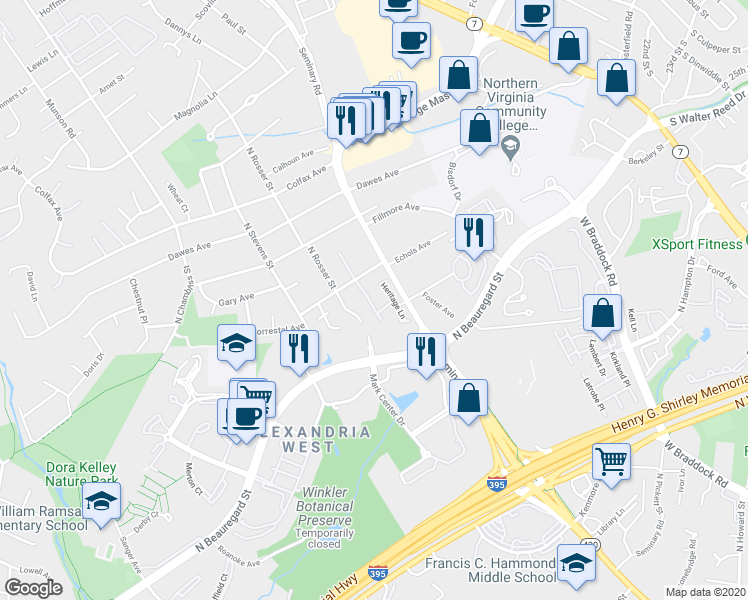 map of restaurants, bars, coffee shops, grocery stores, and more near 5135 Woodmire Lane in Alexandria