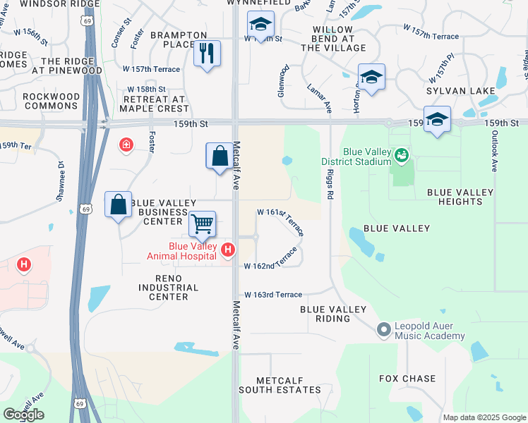 map of restaurants, bars, coffee shops, grocery stores, and more near 6931 West 161st Terrace in Overland Park