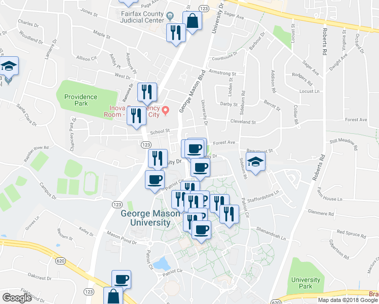 map of restaurants, bars, coffee shops, grocery stores, and more near 4444 Rosenwald Lane in Fairfax