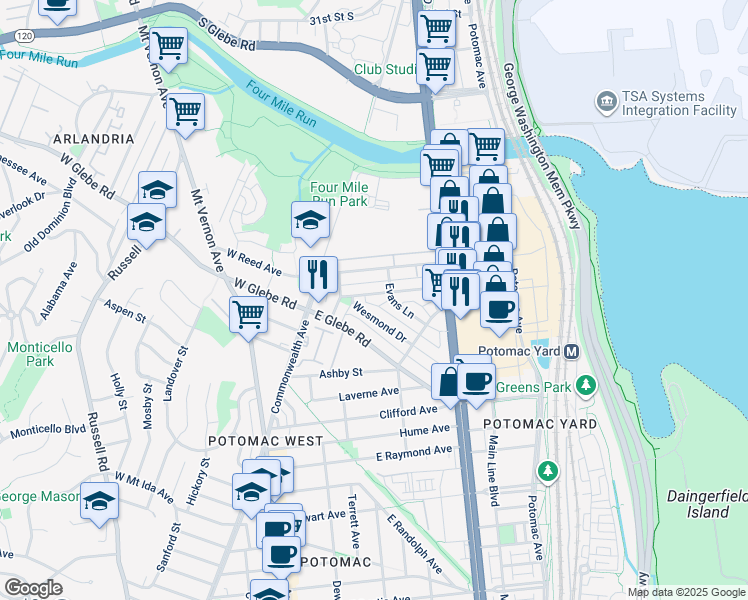 map of restaurants, bars, coffee shops, grocery stores, and more near 141 Lynhaven Drive in Alexandria
