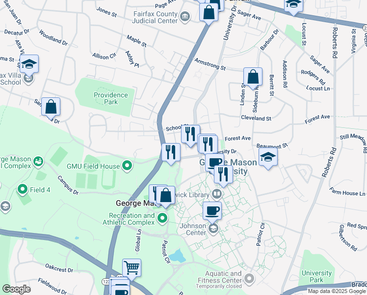 map of restaurants, bars, coffee shops, grocery stores, and more near 4366 High Oak Lane in Fairfax