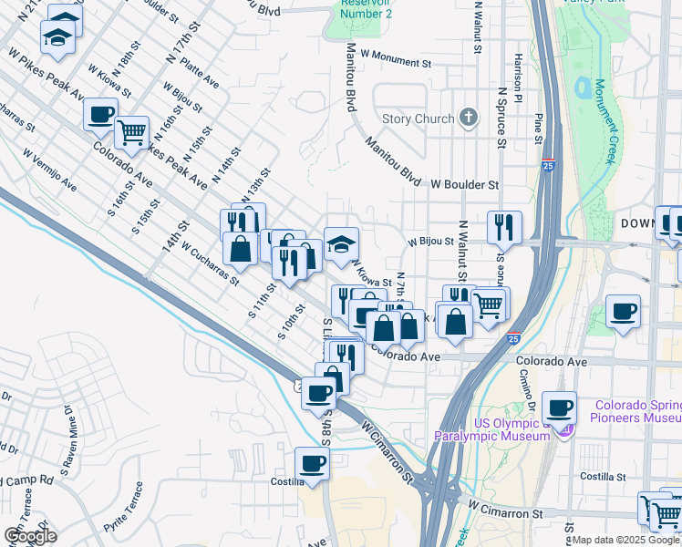 map of restaurants, bars, coffee shops, grocery stores, and more near 924 West Pikes Peak Avenue in Colorado Springs