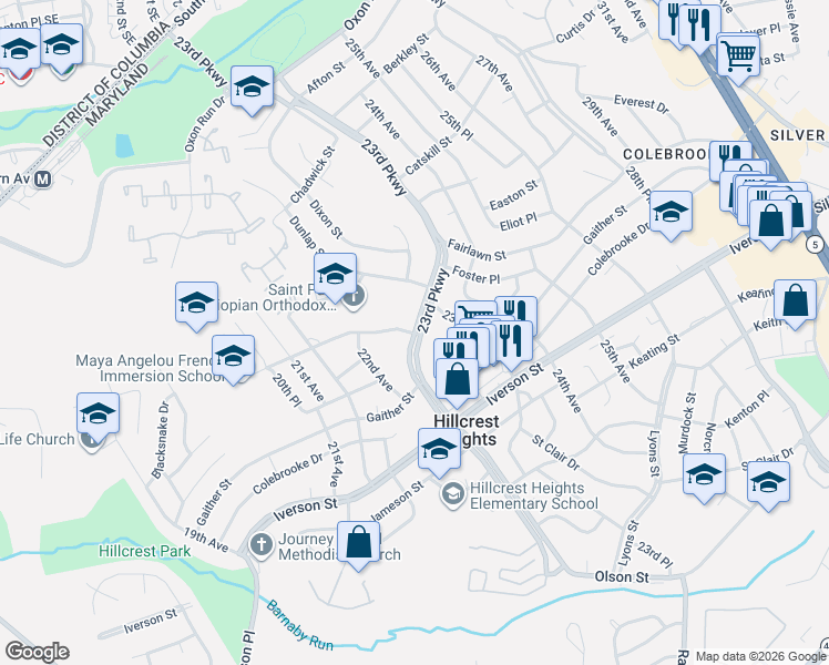 map of restaurants, bars, coffee shops, grocery stores, and more near 23rd Pkwy & Callaway St in Hillcrest Heights
