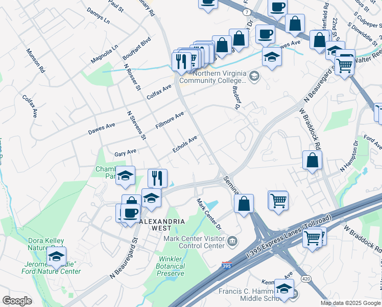 map of restaurants, bars, coffee shops, grocery stores, and more near 5140 Woodmire Lane in Alexandria