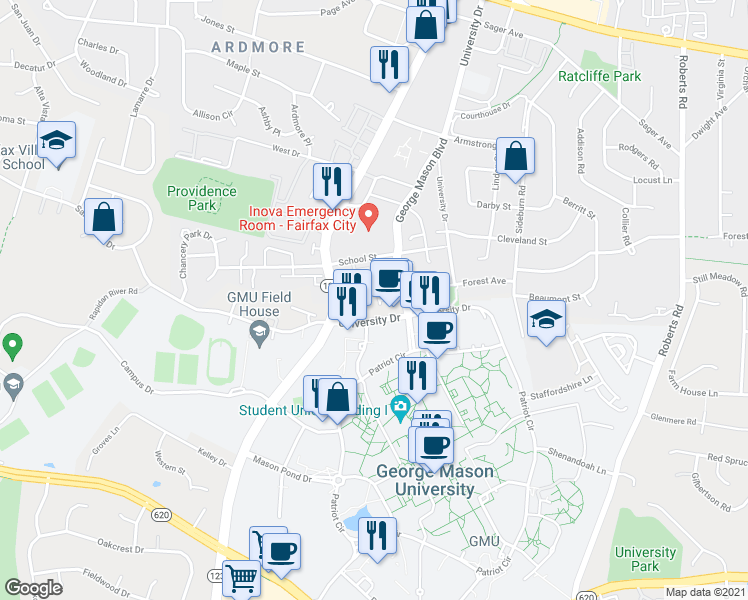 map of restaurants, bars, coffee shops, grocery stores, and more near 4366 High Oak Lane in Fairfax