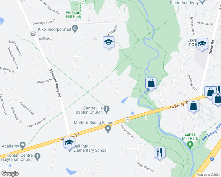 map of restaurants, bars, coffee shops, grocery stores, and more near 6419 Bromfield Trce in Centreville