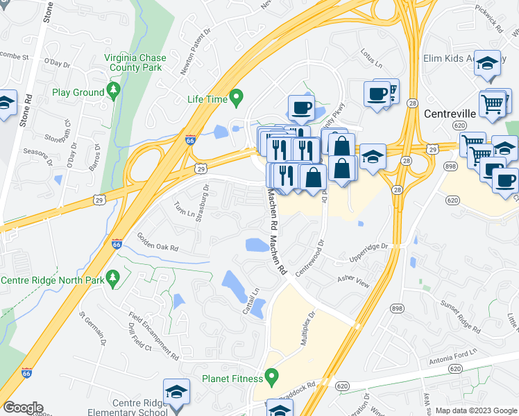 map of restaurants, bars, coffee shops, grocery stores, and more near 14301A Brushwood Way in Centreville