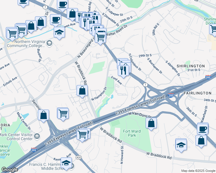 map of restaurants, bars, coffee shops, grocery stores, and more near 4561 Strutfield Lane in Alexandria