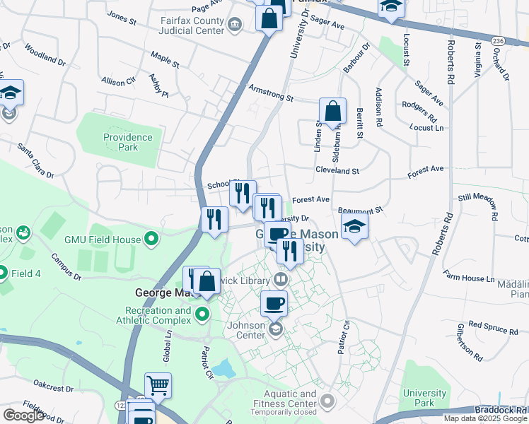 map of restaurants, bars, coffee shops, grocery stores, and more near 4444 Rosenwald Lane in Fairfax