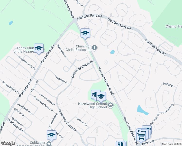 map of restaurants, bars, coffee shops, grocery stores, and more near 1373 Woodpath Drive in Florissant