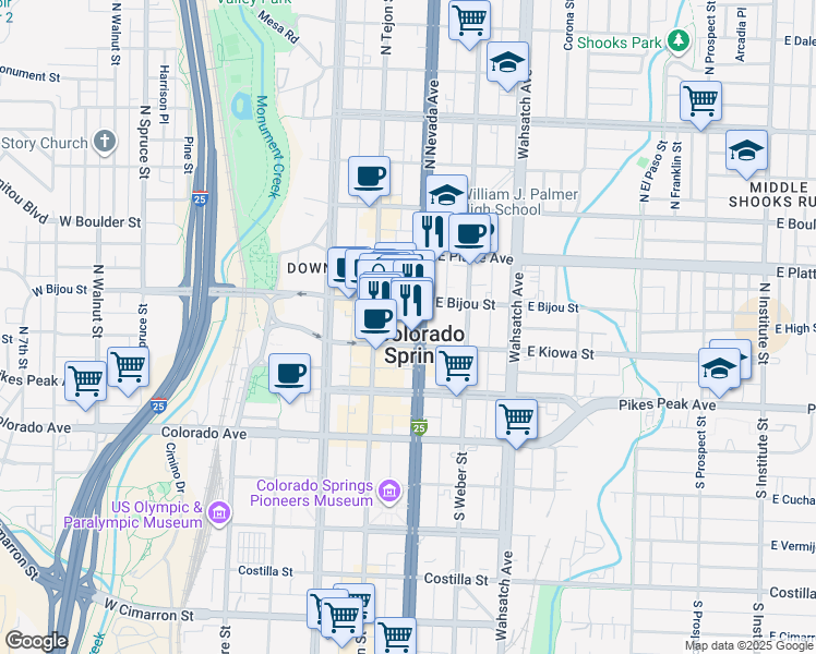 map of restaurants, bars, coffee shops, grocery stores, and more near 219 East Bijou Street in Colorado Springs