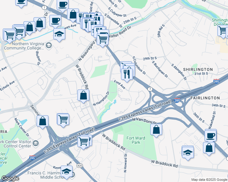 map of restaurants, bars, coffee shops, grocery stores, and more near 4551 Strutfield Lane in Alexandria