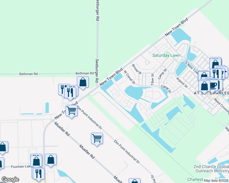 map of restaurants, bars, coffee shops, grocery stores, and more near 6230 Suntan Drive in Saint Charles