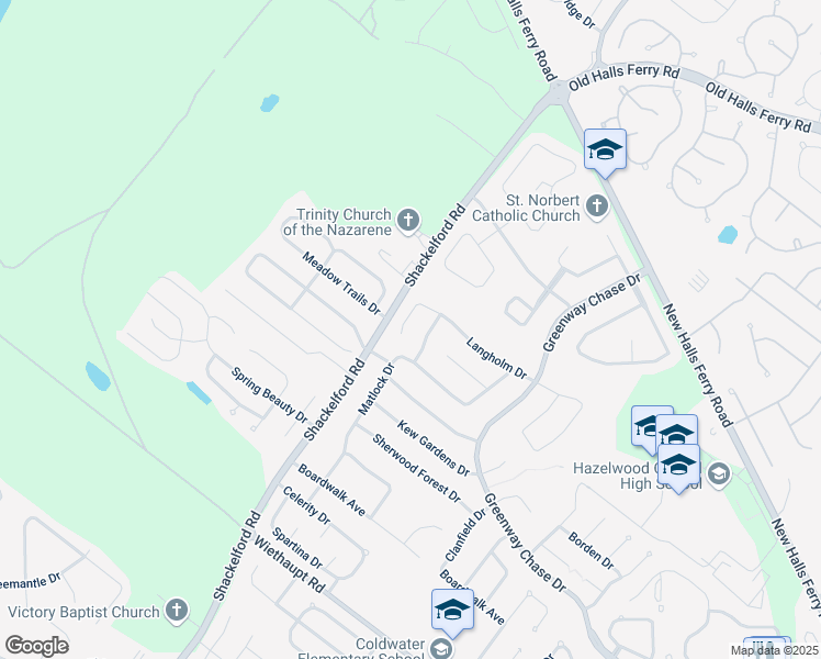 map of restaurants, bars, coffee shops, grocery stores, and more near 1641 Langholm Drive in Florissant