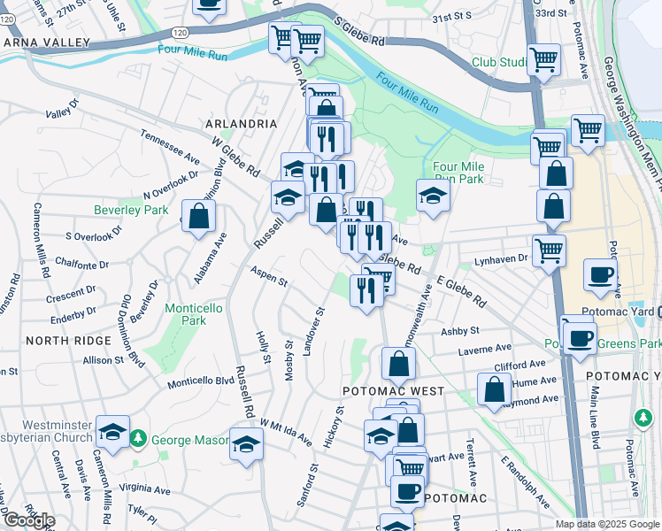 map of restaurants, bars, coffee shops, grocery stores, and more near 207 Tennessee Avenue in Alexandria